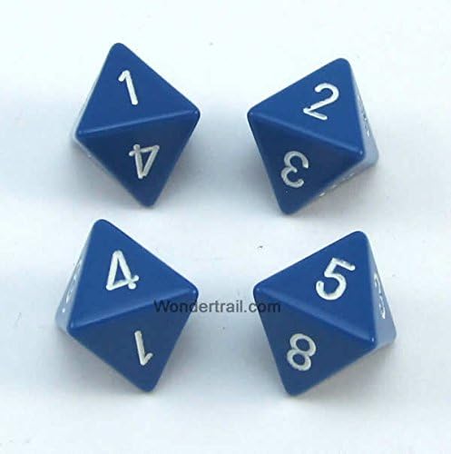 Wondertrail WKP02538E4 Blue Opaque Dice with White Numbers D8 16mm (5/8in) Pack of 4 Dice Koplow Games