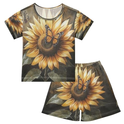 ALAZA Sunflower Butterfly Flower Blossom Pajamas Set Short Sleeve Cotton Sleepwear Summer Pjs 2 Piece 5-14Y