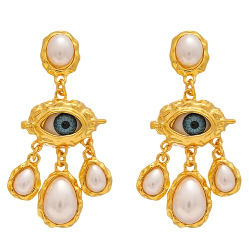 Evil Eye Earrings for Women, 18K Gold Plated Alloy Hoop Earrings, Handmade Mom Dangle Earrings Gift for Christmas Mother Holiday (blue green eye)