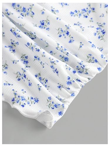 OYOANGLE Girl's Ditsy Floral Print Ruched Short Sleeve Tee Shirt Lace Trim Slim Fitted Halter Top4