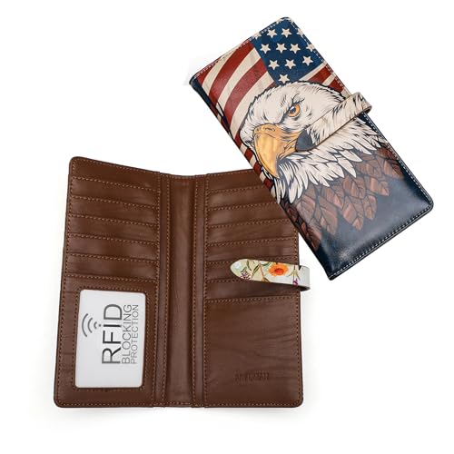 Slim Wallets for Women Credit Card Holder RFID Bifold Clutch Long Ladies Billfold Wallets with Zipper Coin Pocket ID Window Printing Eagle