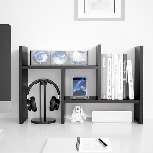 Image of Jerry & Maggie Desktop Organizer Office Storage Rack Adjustable Wood Display Shelf Free Style Double H, Multi-Functional Mini Bookshelf for Desk Natural Stand (Black /2 Pack)