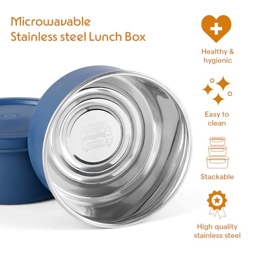 Image of Borosil Carrymore Microwavable Stainless Steel Lunchbox with Bag | 300ml x 4 pc Round Container Set | Tiffin with Food Grade Steel | Vertical | 1 Year Warranty