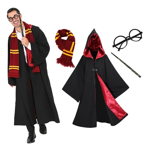 Webeasy 5PCS Magic Hooded Cloak with Wand Scarf Glasses Badge Wizard Costume Set for Unisex Adults