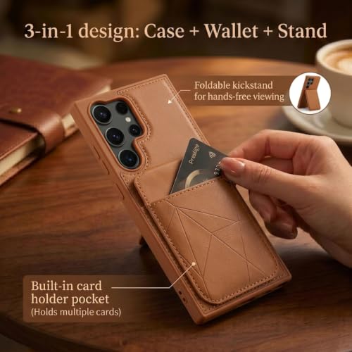 Image of amazon basics Premium Vegan Leather Back Cover with Card Holder and Integrated Mobile Stand for Samsung Galaxy S23 Ultra 5G - Slim Shockproof Wallet Case with Geometric Stitching [Tan]