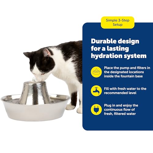 Image of PetSafe Seaside Stainless Cat & Dog Fountain, 60 oz, 2 Filters & Pump | 60 Oz Capacity, 360-Degree Flow, Triple-Filter with 2.5x More Activated Carbon, Scratch /Rust-Resistant Stainless Steel