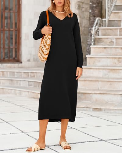 BTFBM Womens Fall Fashion 2025 Sweater Dress Casual V Neck Long Sleeve Slit Knit Oversized Sweaters Winter Maxi Dresses2