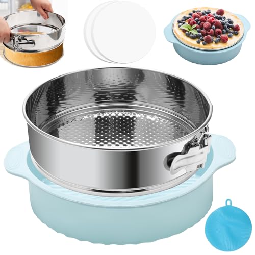 Molde desmontable de 9 pulgadas, protector de silicona para tartas de queso con 50 piezas de papel pergamino, molde de acero inoxidable 304 a prueba de fugas con parte inferior extraíble,