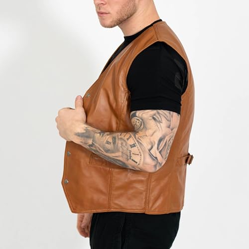 Image of BRICK LANE Men's Leather Vest | V-Neck Western Design Waistcoat with 4 Pockets - Lamb Nappa Leather Lightweight Jacket