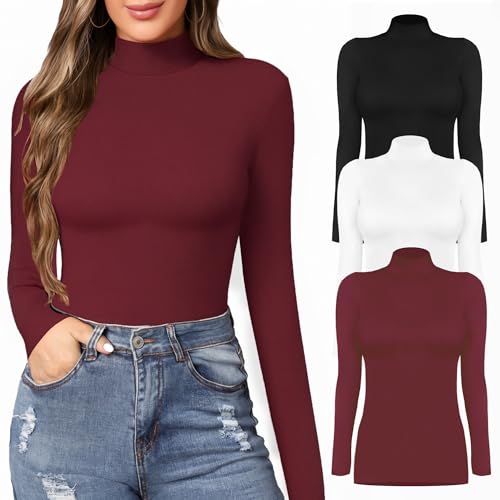 Image of MANGOPOP Women's Mock Turtle Neck Slim Fit Long Sleeve 3 /4 Sleeve Short Sleeve T Shirt Tight Tops Tee