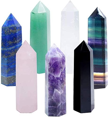 Runyangshi Set of 7 Natural Crystal Healing Wands, Height 3.3"-3.5" Single Point Healing Crystal Wand 6 Faceted Reiki Chakra Stones Crystal Healing Prism for Reiki, Home Decor