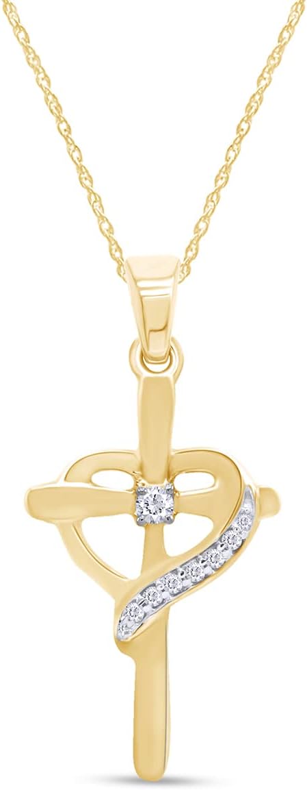 AFFY White Natural Diamond Cross with Heart Pendant Necklace in 14k Gold Over Sterling Silver (0.1 Ct)