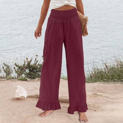 Wide Leg Linen Pants for Women Smocked Elastic High Waisted Ruffle Hem Palazzo Pants Casual Drawstring Beach Trousers2
