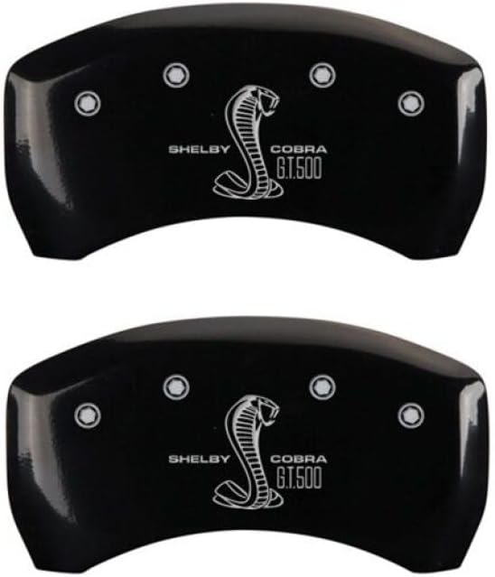 MGP Brake Caliper Covers for Ford Mustang 2005-2014 with Black Powder Coat Finish Engraved Silver Cobra Logo, Rear Caliper Cover (Set of 2)