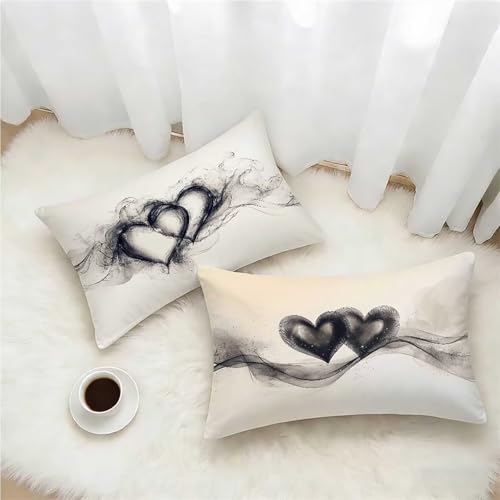 Beige Outdoor Pillow Covers 12x20 Set of 2, Heart Rectangle Throw Pillow Covers 20x12in with Hidden Zipper, Waterproof Linen Cushion Covers, Double Sided Printing, Pillowcases for Room Decor 0-7420
