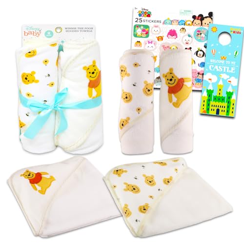 Image of Winnie The Pooh Hooded Towel Set for Baby - Bundle with 2 Winnie The Pooh Hooded Microfiber Towels Plus Stickers, More | Winnie The Pooh Bathroom Set for Boys, Girls
