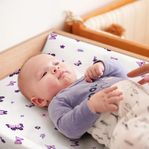 Image of 4 Pack Butterfly Baby Crib Sheets for Baby Girls Purple Crib Fitted Sheets for Standard Size Crib and Toddler Mattress Soft and Breathable (Changing Pad)
