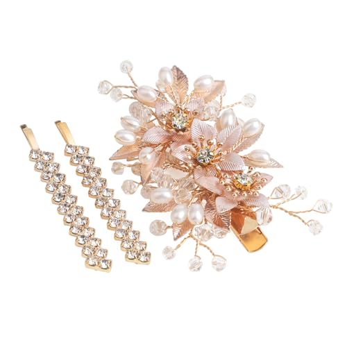 Sppry Floral Rhinestone Pearl Wedding Hair Clips, Set of 3, Gold