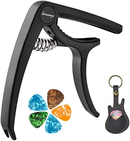 Guitar-Capo-Acoustic-Electric-Guitars - Ukulele Capos - with Pin Puller Single Hand Use Trigger Kapo for 6 String Instruments Accessories Mandolin Banjo with pick holder and picks - Black
