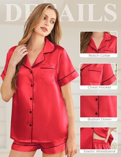 Image of Silk Pajamas for Women Short Sleeve Sleepwear Soft Button Down Loungewear 2 Piece Satin Pjs Shorts Set S-XXL