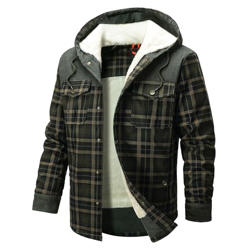 ozkzdp Men Thermal Fleece Lined Plaid Hood Flannel Shirt Jacket Winter Quilted Lined Coats Thick Hoodie Outwear Dark Gray-2XL