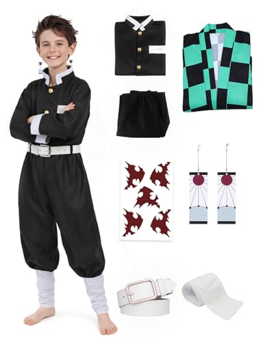 UQJE Kids Kamado Tanjir Cosplay Costumes Anime Tanjir Cosplay Outfit Halloween Kimono Set