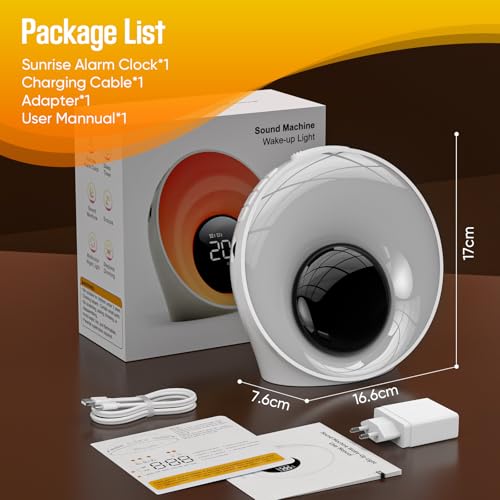 Tageslichtwecker Lichtwecker Sonnenaufgang, Wake Up Light mit Wecker Digital, Nachttischlampe Dimmbar mit Doppelalarm und Snooze, White Noise Machine mit 30 Einschlafmusik, 16 Helligkeit, 14 Farblicht