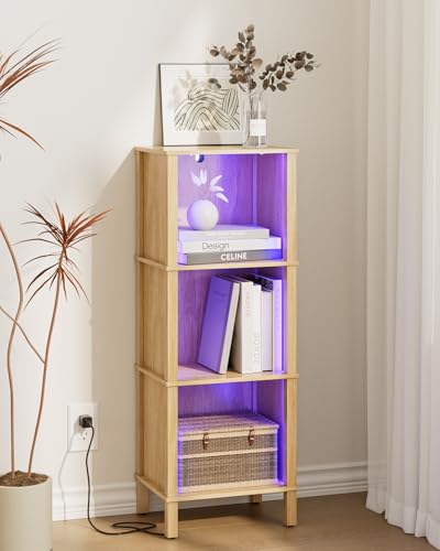 Apetaccat Bookshelf with LED Lights, Modern 3-Tier Bookcase, Open Storage