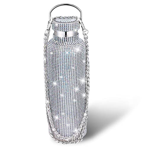 Geiserailie Diamond Water Bottle Bling Rhinestone Stainless Steel Thermal Bottle Refillable Insulated Glitter Water Jug with Chain for Women Girls Gifts(750 ml AB Diamond)