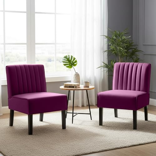 Container Furniture Direct Reese Mid Century Modern Accent Chairs Set of 2 with Minimalist Design, Elegant Velvet Upholstery and Solid Wood Legs, Ideal for Living Room or Bedroom, Eggplant