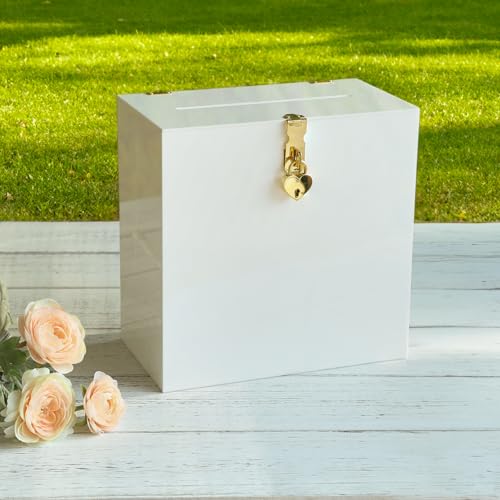 Image of UNIQOOO White & Gold Heart Lock Acrylic Card Box, Modern DIY Wedding & Occasion Box, 10x10x5.5 inches