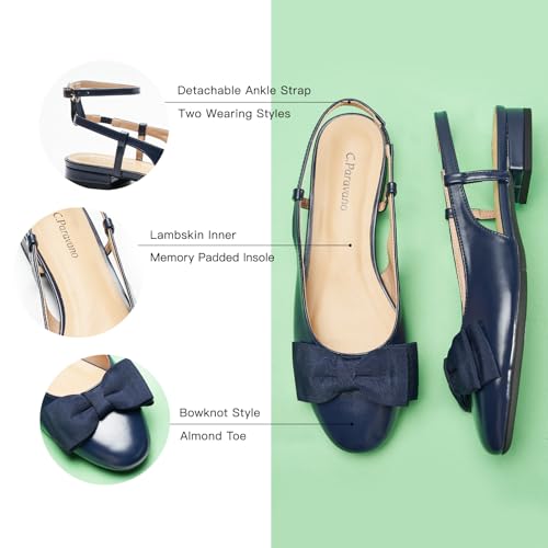 Image of C.Paravano Women's Slingback Dress Shoes | Sandals with Bows for Women| Casual Flat Shoes for Women | Almond Toe Slingback | Detachable Ankle Strap