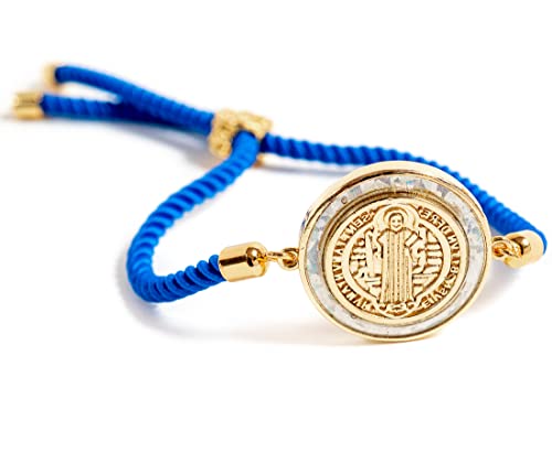 Image of Catholic Blessed Saint Benedict Medal 18K Gold Plated Bracelet Blue String Religious Jewelry