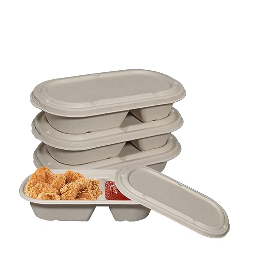 29oz Disposable Bowls with Fiber Lids - 2 Compartment Rectangular Compostable Sugarcane Biodegradable Paper Bowls Eco-Friendly Take Out Food Storage Containers, Microwave Safe, Meal Prep (50 PACK)