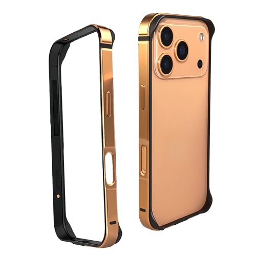 iphone17pro max向けバンパー アルミ アイフォン17プロマックス向けケース ストラップホール 放熱 メタルフレーム シリコン 二重構造 軽量 金属サイド耐衝撃カバー(オレンジ)