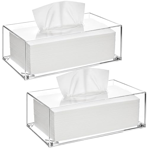 Yopay 2 Pack Acrylic Tissue Box Holder Rectangle Tissue Box Cover with Magnetic Bottom Clear Acrylic Facial Tissue Case Dispenser for Bathroom Kitchen Bedroom Vanity Restaurant Office