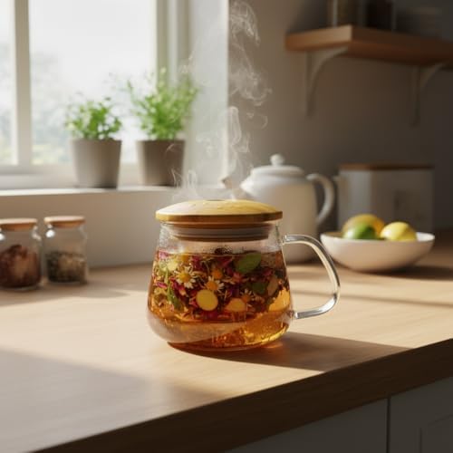 Deconox Bambu Kapaklı Cam Süzgeçli Kupa 350 ml | Bitki Çayı, Demleme Çay ve Kahve Kupası | Borosilikat Isıya Dayanıklı Cam | Sağlıklı ve Şık - Görsel 4