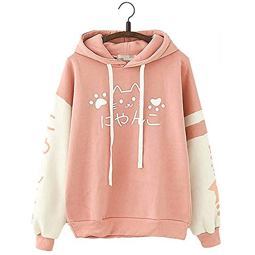 Black Sugar Sweat A Capuche Femme Fille Epais Chaud Haut Veste Chat Bleu Rose Manche Long Pull Kawaii Mignon (Rose)