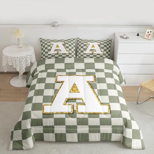 Image of Erosebridal Sage Green Checkered Comforter Set Full Plaid Initial A Bedding Set Personalized Monogram Comforter for Kids Adults,Fashion Grids Gingham Quilt Duvet