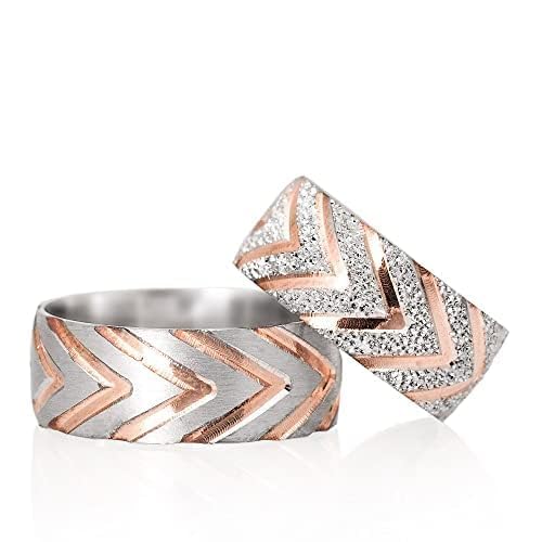 Conjunto de anillos de bodas de oro rosa Conjunto de anillos de bodas a juego para parejas Conjunto de anillos de bodas de plata personalizado
