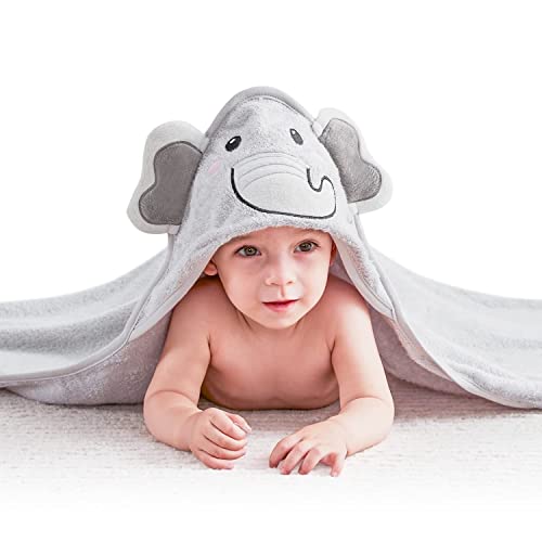 Touchat Bamboo Hooded Baby Towels, Soft and Hypoallergenic Baby Bath Towels with Hood for Toddler Infant Newborn, Large and Absorbent Toddler Towels for Baby Boy Girl (Elephant, 35.1''x35.1'')