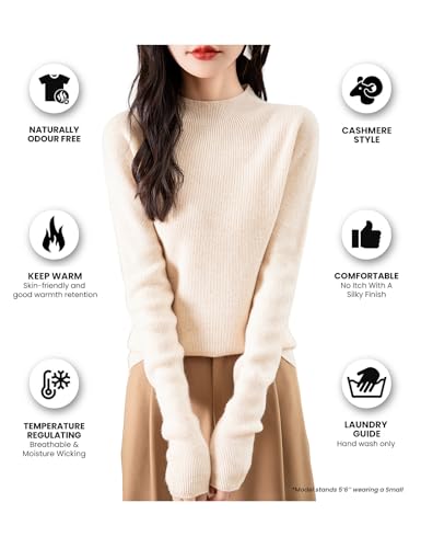 Women's 100% Merino Wool Seamless Sweater Mock Neck First-Line Ready to Wear Long Sleeve Ribbed Knit Pullover3