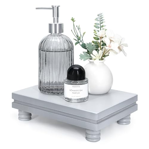 EOSAHR バスルーム装飾用装飾台座スタンド – キッチンオーガナイザー用小型ディスプレイスタンド & バスルームシンク用ソープホルダー – 家の装飾を美しくする木製トレイ(グレー)