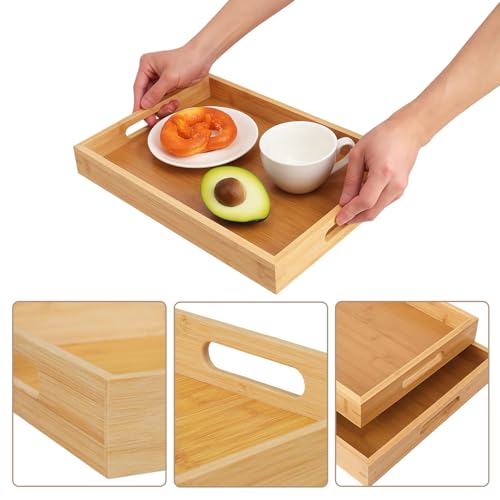 Serving Tray Set of 2 Bamboo Tray with Handles Wooden Trays Decorative Serving Platter for Breakfast Food Drinks Kitchen Counter Bedroom Living Room Storing Parties Rectangular(16"x11''' & 14''x10'') - Image 6