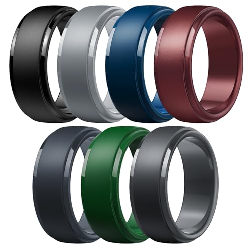 Image of Egnaro Men's Silicone Wedding Rings: Classic Black Step Edge Rubber band 10mm Wide 2.5mm Thick- Hypoallergenic for Gym /Outdoor /Gift(1 /4 /7 Variety Pack with Half Size)