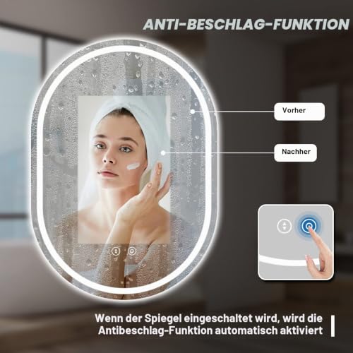 Dripex LED Badspiegel Oval, dimmbar, Antibeschlag fürs Bad 60 x 80 cm – Ansicht 4