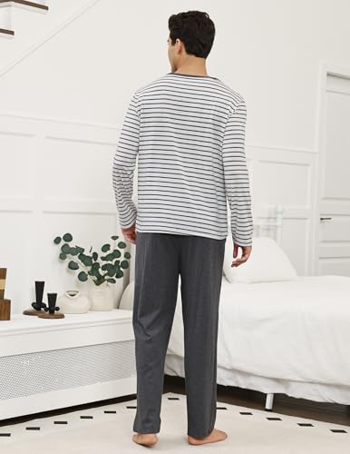 Mens Pajamas Set Stripe Cotton Pajamas for Men with Pockets Soft Loungewear Long Sleeve and Pants Pjs Sets3