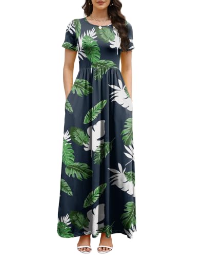 Image of COSSEN Women's Crew Neck Short Sleeve Maxi Dress with Pockets Casual Loose Swing for Wedding Guest Beach Vacation