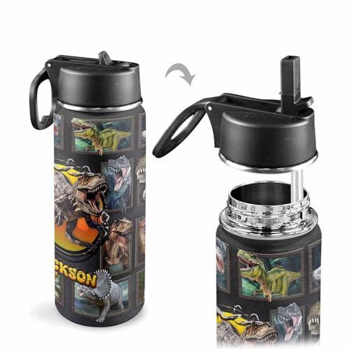 Image of InterestPrint Personalized Children Name Water Bottles with Straw Lid, Customized Dinosaur Insulated Stainless Steel Waterbottle with Name, Travel Cup for Boys School Holiday