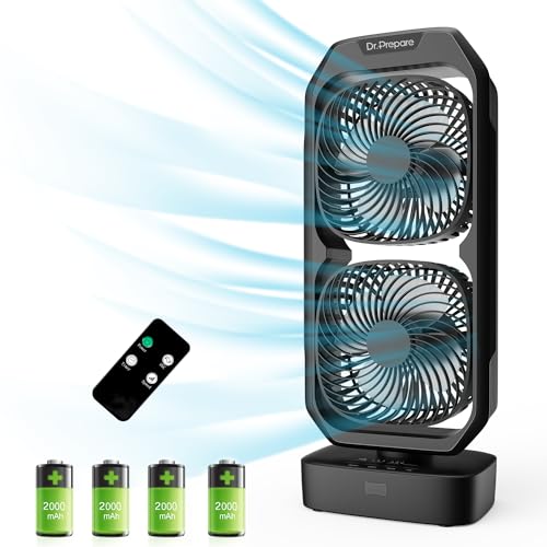 DR.PREPARE Small Oscillating Tower Fan with Remote, Rechargeable Battery Powered Desk Fan for Bedroom, 250° Tilt, 8H Timer, 3 Speeds, Portable Table Bedside Fan for Office Plants Outdoor